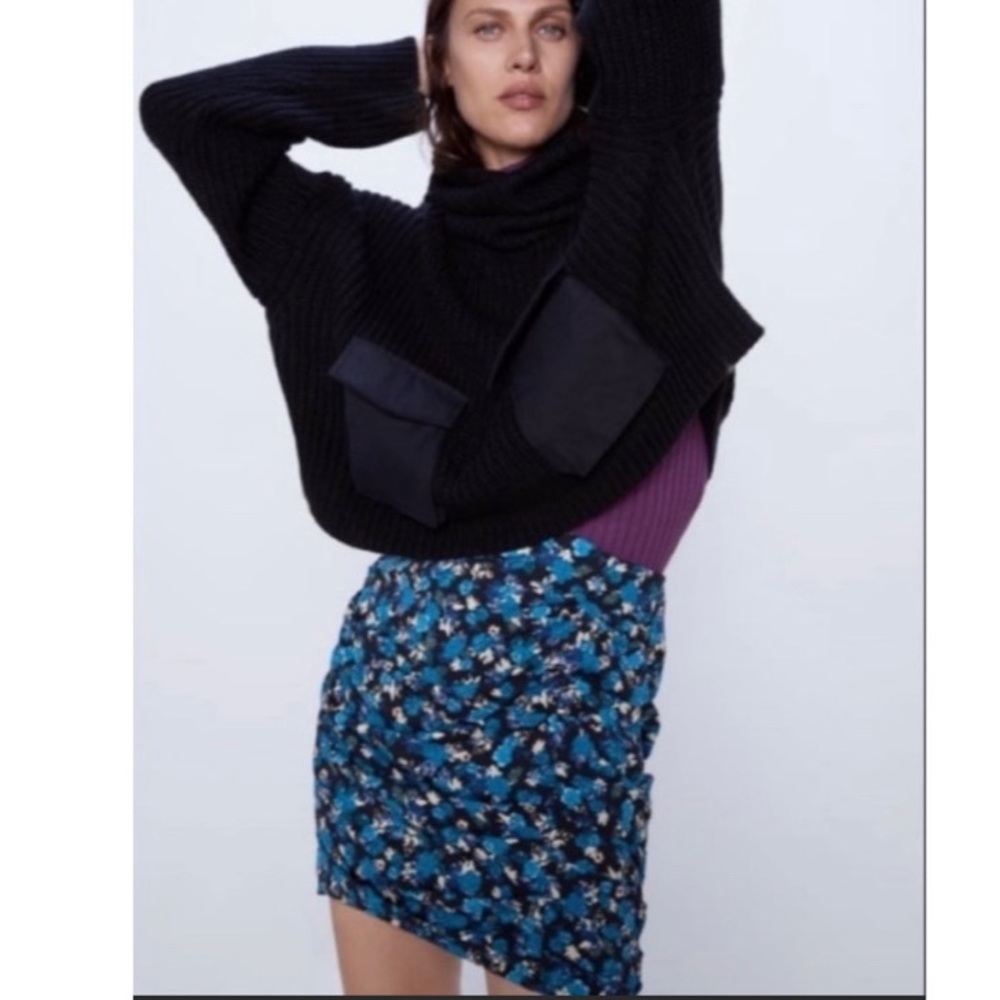 Zara Floral Blue Mini Skirt Zip Up Medium